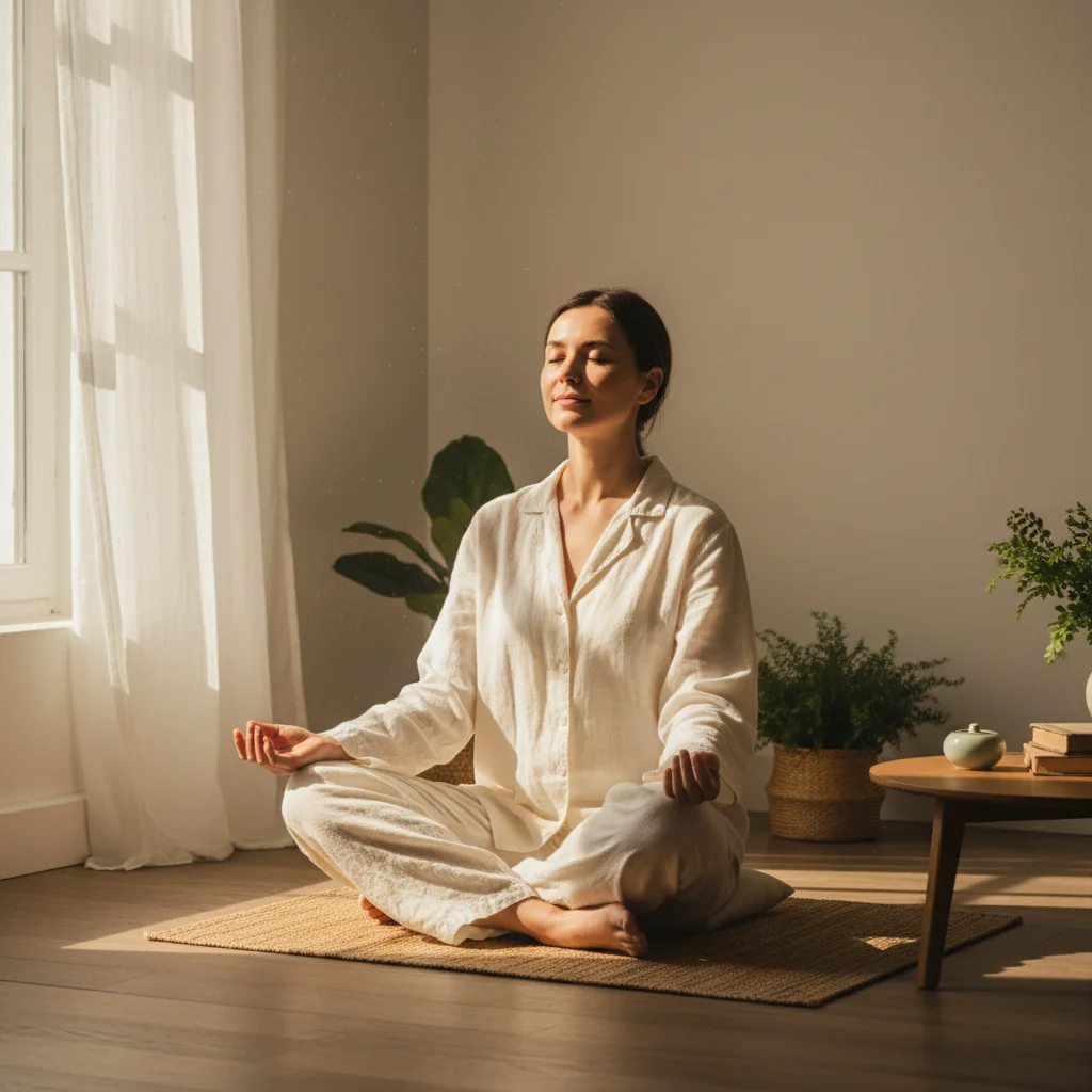 Femme en méditation dans une pièce lumineuse