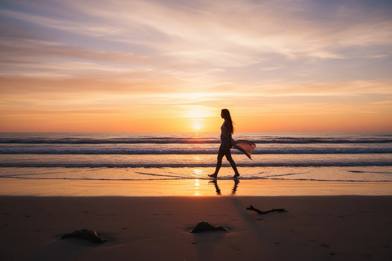 Silhouette marchant sur une plage au coucher du soleil