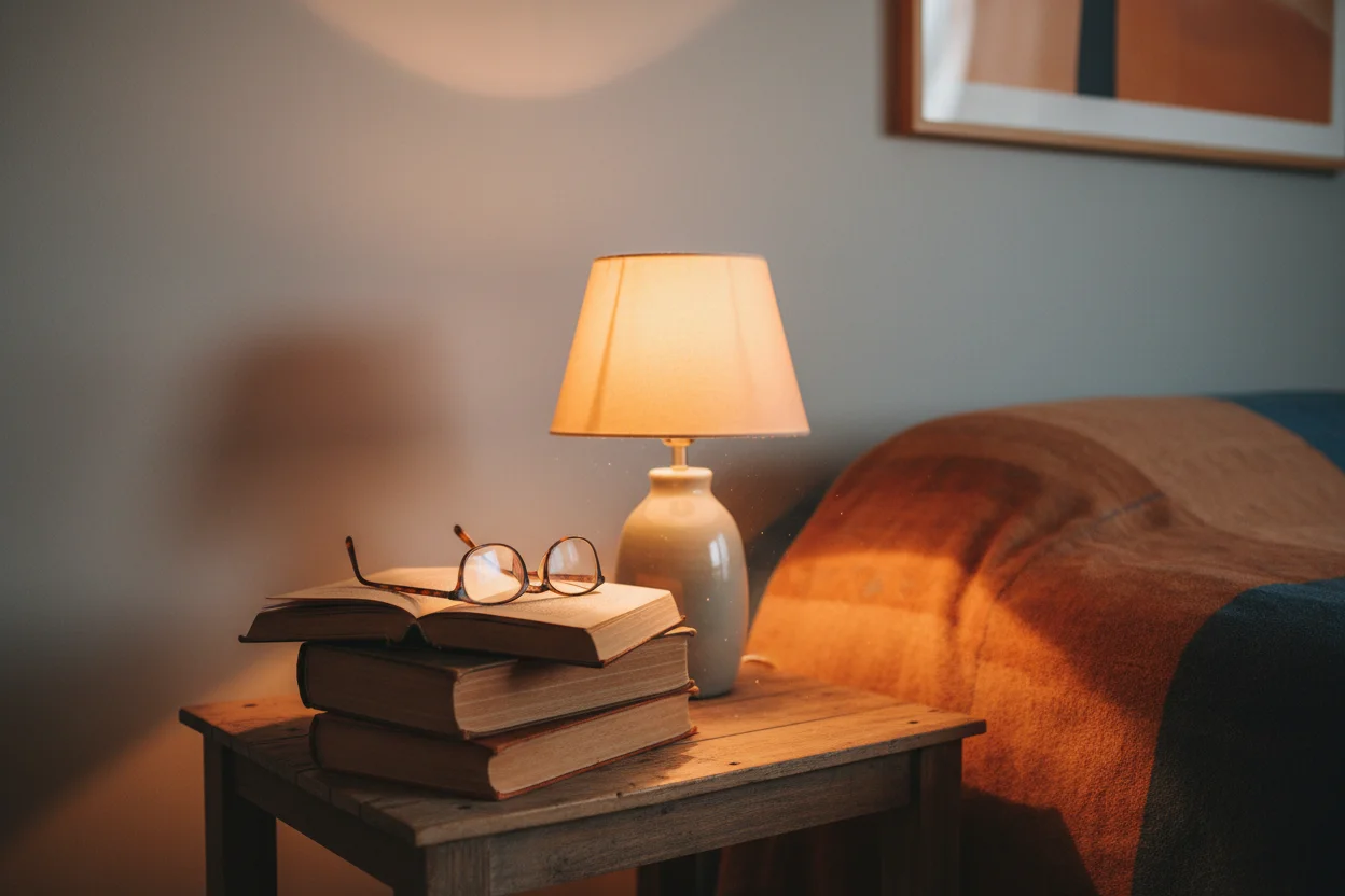 Table de chevet avec lampe douce et livres